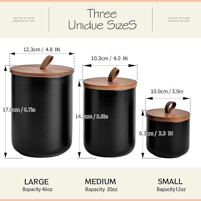 Black Ceramic Canister Set with Bamboo Lids, 3-Piece Airtight Food Storage Jars for Kitchen - Flour, Sugar, Coffee, Tea, Spice - Small, Medium, Large Sizes