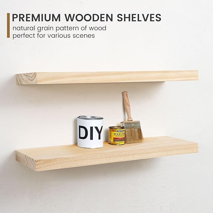 Fun Memories Farmhouse Floating Shelves - 8 Inch Deep Rustic Wood Wall Shelf - Premium Solid Pine Wood Storage Shelf for Kitchen Living Room Bedroom - 24" W x 8" D - Set of 2 - No Stain - Unfinished