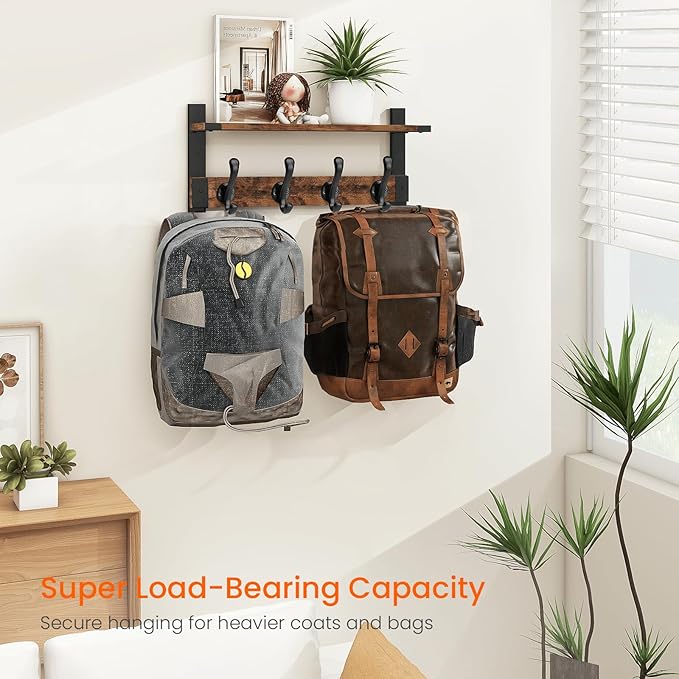Homode Coat Rack Wall Mount with Shelf, Wood Wall Hooks with Shelf, Heavy Duty Entryway Shelf with Hooks with 4 Metal Hangers for Hanging Key Towel Hat Purse, Bathroom Bedroom, Rustic Brown Black