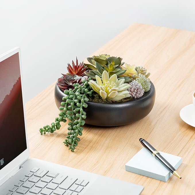 MyGift 8-Inch Artificial Succulent Plant Arrangement, Assorted Fake Plants in Modern Black Round Concrete Planter Bowl
