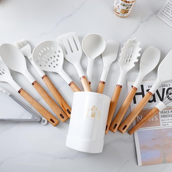 13-Piece silicone utensil set wood handle nonstick cookware safe dishwasher safe kitchen tools BPA free heat resistant (450°F/230°C) ceramic pan safe cooking gifts housewarming (White)