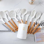 13-Piece silicone utensil set wood handle nonstick cookware safe dishwasher safe kitchen tools BPA free heat resistant (450°F/230°C) ceramic pan safe cooking gifts housewarming (White)
