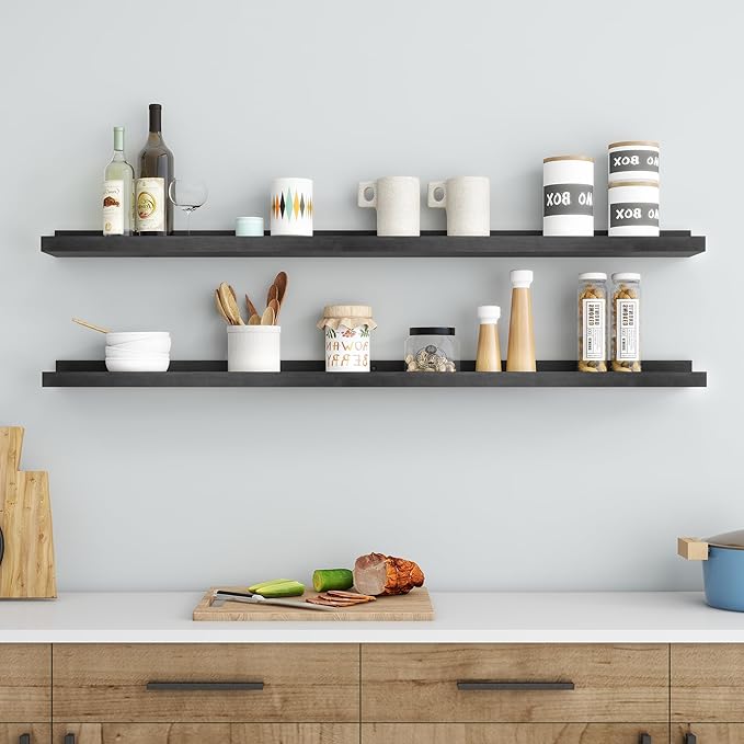Picture Ledge Shelf for Wall, 48 inch Solid Pine Wood Nursery Book Shelves 2 Packs, Floating Ledge Shelves for Kids' Room Bedroom Bathroom Living Room Photo Frames Office Nursey Wall Decor, Black