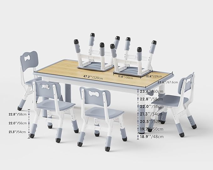 Brelley Kids Table and 6 Chairs Set, Height Adjustable Toddler Desk and Chair Set, Graffiti Desktop, Classroom/Daycare/Home, Children Multi-Activity Table for Ages 2-8