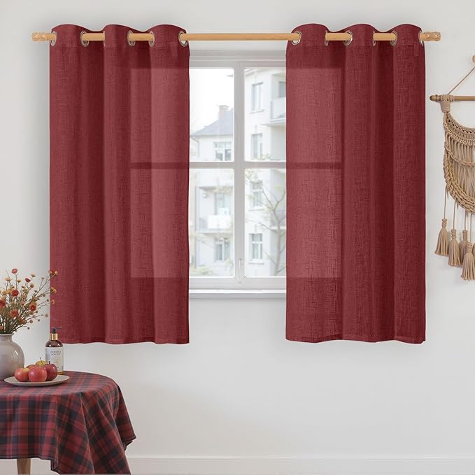 LAMIT Burgundy Red Linen Curtains 48 Inch Length 2 Panels, Light Filtering Semi Sheer Panels Bronze Grommet Christmas Decor Drapes for Small Windows/Kitchen/Bedroom, 34 x 48 Inch