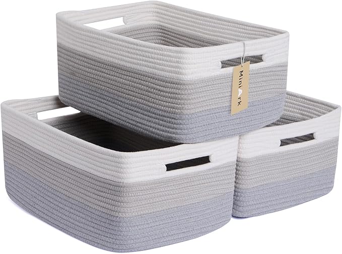 Large Storage Baskets for Shelves, Closet Organizers Bins for Clothes Blanket Towels, Baby Nursery, Toy Baskets Box, Woven Rope Baskets, 17 x 13 x 7.5”, 3 Packs Gradient Grey