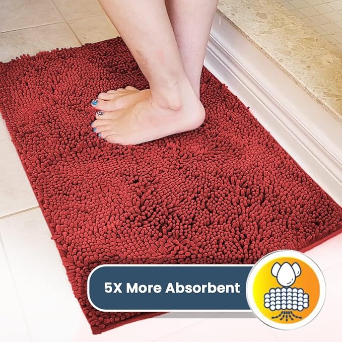 Muddy Mat® 4-Piece Red Medium 30"X19" AS-SEEN-ON-TV Highly Absorbent Microfiber Door Mat, Bath Mat and Pet Rug, Non Slip Thick Washable, Soft Chenille for Kitchen Bathroom Bedroom Indoor and Outdoor