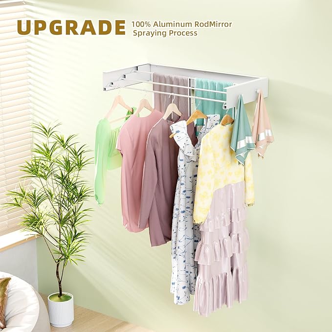 Wall Mounted Drying Rack for Laundry 19.8'', Folding Drying Rack Clothing Wall Mount with 3 Rods and 4 Hooks, Space Saving for Indoor Outdoor Bathroom Balcony (White, 19.8'')