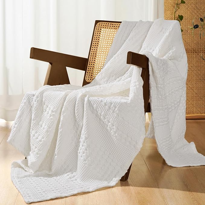 PHF 100% Cotton Waffle Weave Throw Blanket, Soft Lightweight Breathable Cozy Summer Throws for Couch Bed Sofa, Luxury Aesthetic Woven Blanket for Home Decor & Office, 50"x60", White