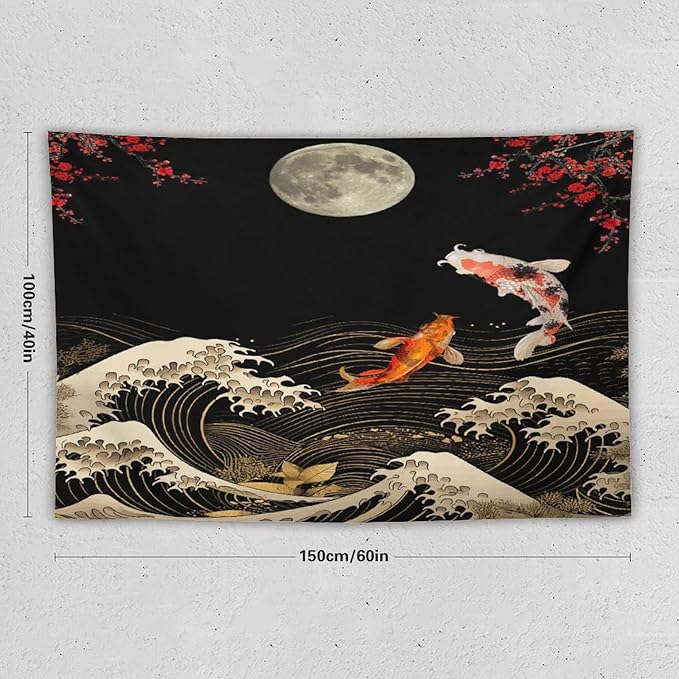 Houselerax Koi Fish Tapestry, Japanese Style Yin Yang Big Wave Cherry Blossom Tapestries Wall Hanging for Bedroom Living Room Office Decor 60"x40"