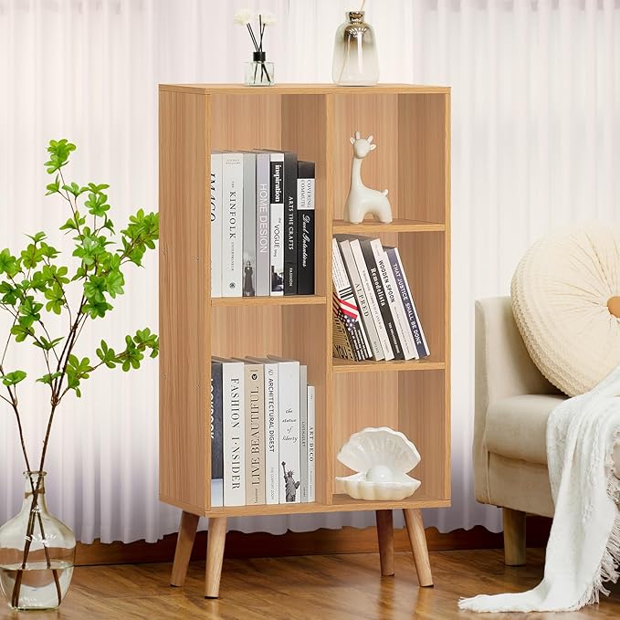 LEYAOYAO Wooden 5 Cube Bookshelf - Natural Wood Storage Organizer