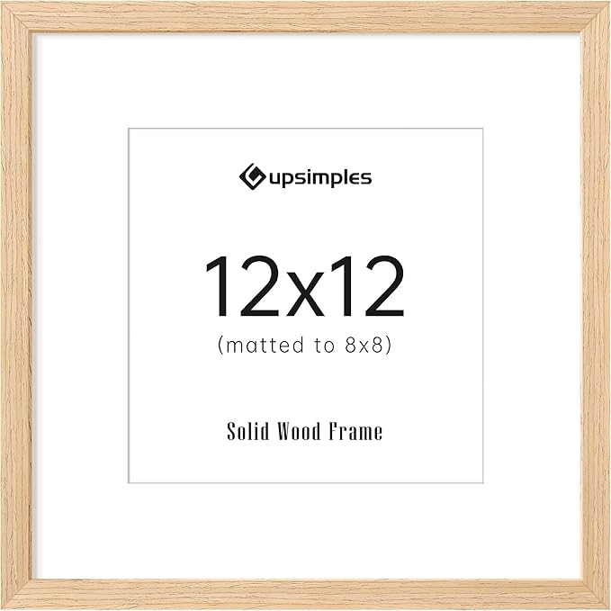 upsimples 12x12 Frame, Natural Solid Wooden Picture Frames, Display 8x8 with Mat or 12 x 12 Without Mat, Wall or Tabletop, 1 Pack, Natural