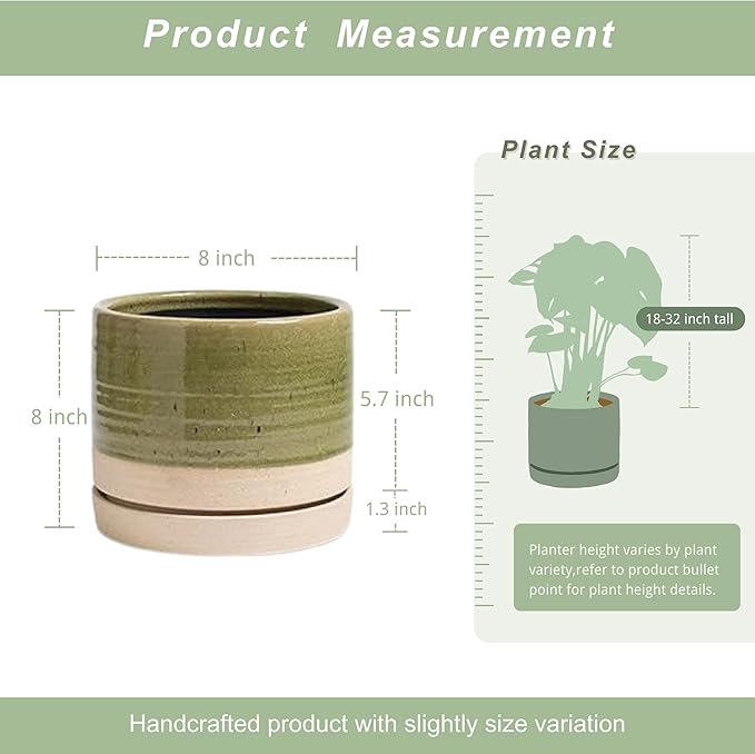 8 Inch Pots for Plants, Ceramic Planter Pot with Drainage Hole & Saucer, Indoor/Outdoor Cylinder Round Planter Pot, Green & Beige