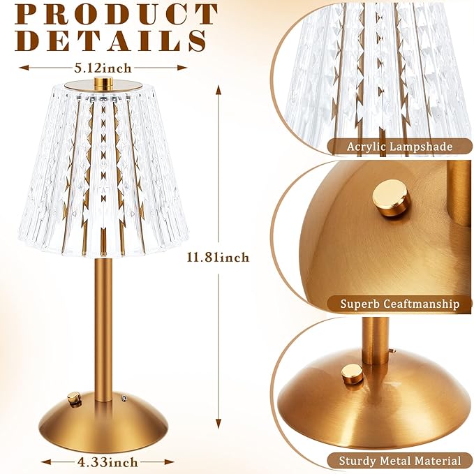 Liliful 2 Pcs LED Portable Cordless Table Lamp Touch Battery Operated Rechargeable Desk Lamp 3 Color Dimmable for Bedroom Living Room Dining (Classic Style,Gold)
