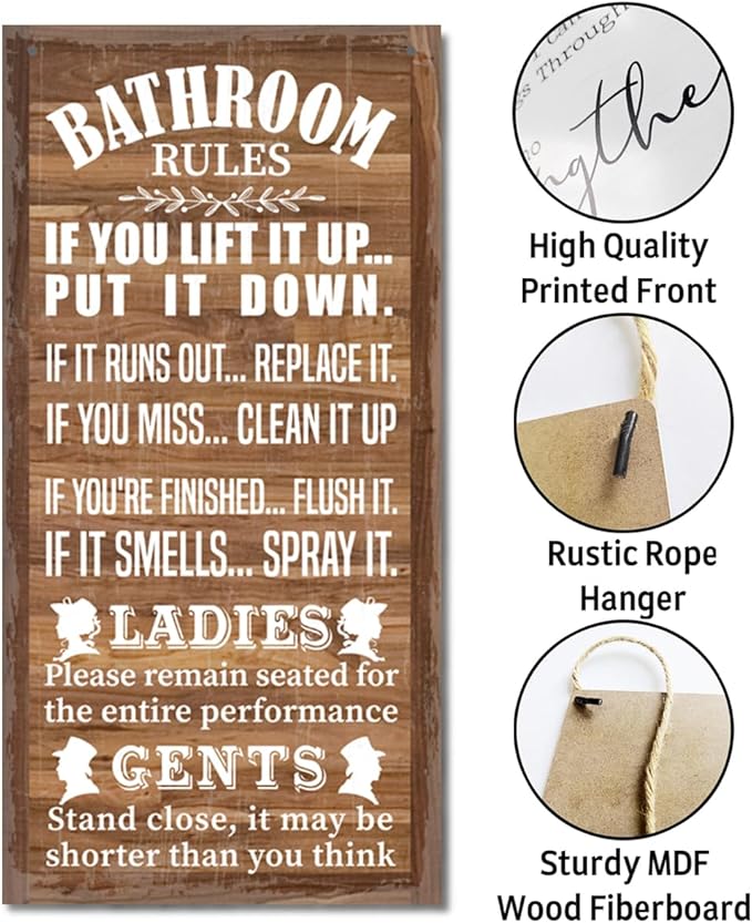 Rustic Western Bathroom Decor - Funny Wall Signs, Farmhouse Country Rules Wall Decor I1