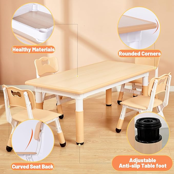 FUNLIO Kids Table and 4 Chairs Set for Ages 3-8, Height Adjustable Toddler Table and Chair Set, Easy to Wipe Arts & Crafts Table, for Classrooms/Daycares/Homes, CPC & CE Approved (5 pcs Set) - Natural