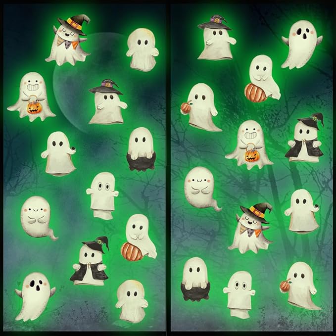 Clothmile Glow in The Dark Halloween Ghost Window Clings, Green Luminous Double-Side Window Stickers for Party Decorations, Home, School, Glass