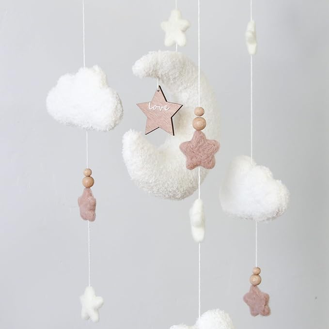 Cloud Moon Crib Mobile Cloud Baby Mobile for Crib Neutral Boho Clouds and Stars Moon Mobile Boucle Mobile, coffee 3