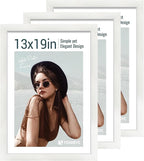 13x19 Picture Frame 3 pk, Textured White Solid Wood Poster Frame, HD Tempered Glass, Wall Gallery Frame