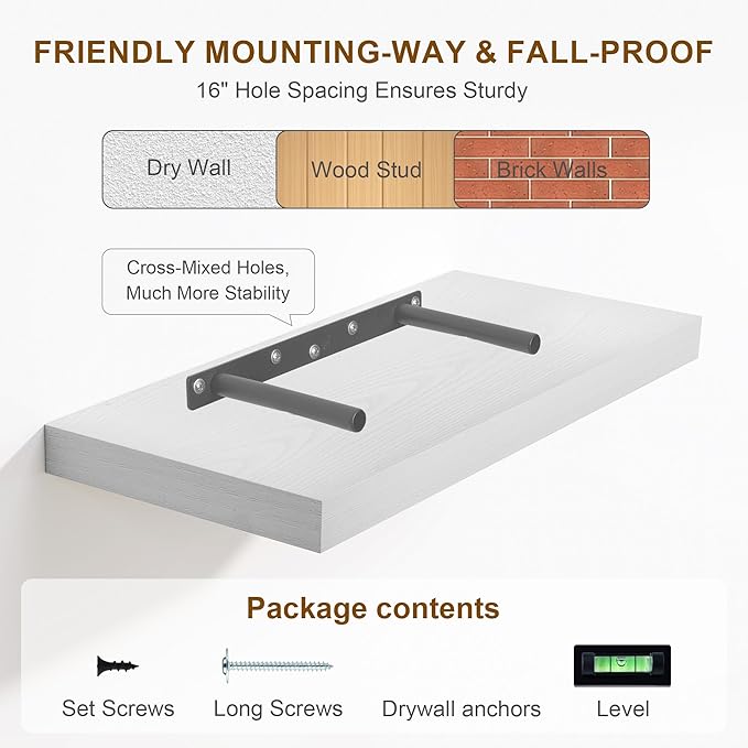 Fun Memories White Floating Shelves, 8 Inch Deep Wall Shelves Set of 2, Rustic Deep Shelves for Wall Storage, 24 x 8 Floating Shelves, 8" Deep White Shelves for Bedroom, Living Room, Kitchen