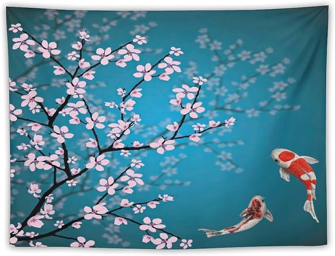 Houselerax Japanese Koi Fish Tapestry, Cherry Blossoms Asian Oriental Green Teal Flower Branch Koi Fish Carp Tapestries Wall Hanging for Bedroom Living Room Office Decor 60"x40"