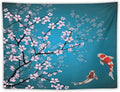 Japanese Koi Fish Tapestry, Cherry Blossoms Asian Oriental Green Teal Flower Branch Koi Fish Carp Tapestries Wall Hanging for Bedroom Living Room Office Decor 60"x50"