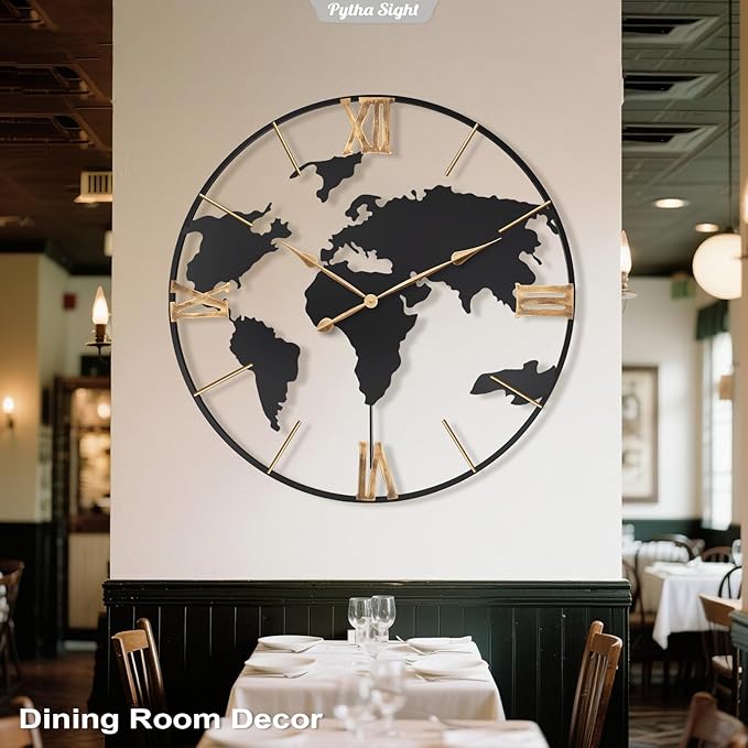 36 Inch Oversized Giant Extra Large Modern Decorative Metal World Map Wall Clock,Big Vintage Gold Roman Numeral Wall Clocks for Living Room,Entryway,Office,Fireplace,Dining Room