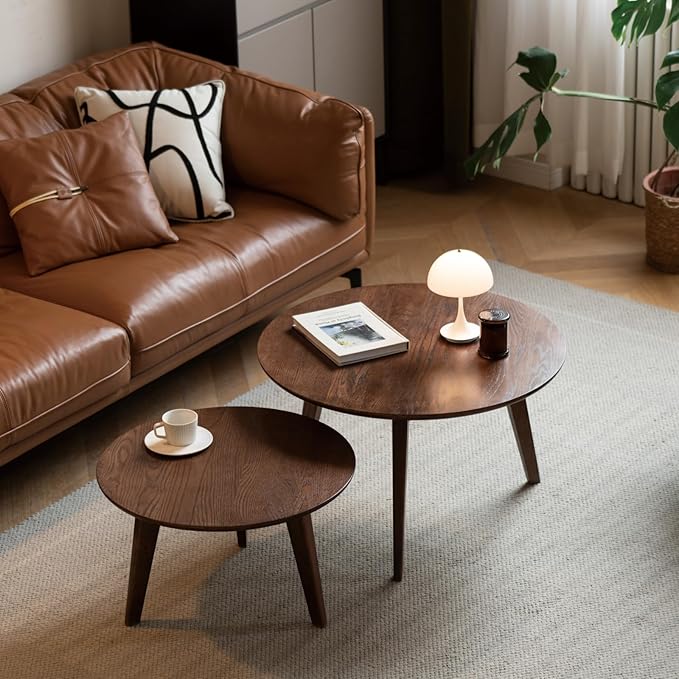 100% Solid Oak Wood Coffee Table Set, Round Coffee Table Combo Side Table w/Solid Wood Legs, Mid Century Table Sturdy Tables for Bedroom Balcony Living Room (Walnut, Big-Medium Combo)