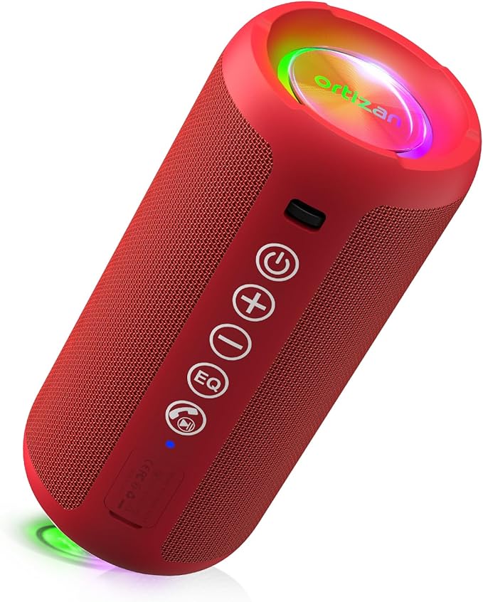 Ortizan Portable Bluetooth Speaker: IPX7 Waterproof, 24W Loud Sound, Deep Bass, Bluetooth 5.3, LED Lights, Wireless Stereo Pairing, 30H Playtime, for Home/Outdoor/Party/Beach, Birthday Gift (Red)