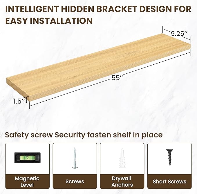 55 Inch Floating Shelves, 3D Textured Wood Grain, 55"x9.25"x1.5" Inch Deep Floating Shelves for Wall, Wooden Shelves for Bathroom, Bedroom, Living Room, Natural