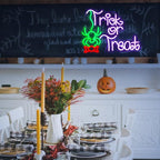 Trick Or Treat Neon Sign Funny Spider Candy LED Neon Light for Wall Decor Dimmable USB Halloween Light Up Sign for Halloween Party Home Neon Decor (16.7 * 12.8In)