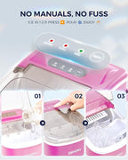 EUHOMY Countertop Ice Maker Machine with Handle, 26lbs in 24Hrs, 9 Ice Cubes Ready in 6 Mins, Auto-Cleaning Portable Ice Maker with Basket and Scoop, for Home/Kitchen/Camping/RV. (Pink)