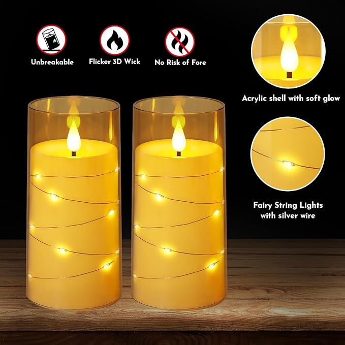 NURADA 3"x6"Flickering Flameless Candles: Built-in Star String Lights Acrylic Battery Operated LED Pillar Candles with Remote and Timer for Romantic Mood Home Decoration - 2 Pack Gold