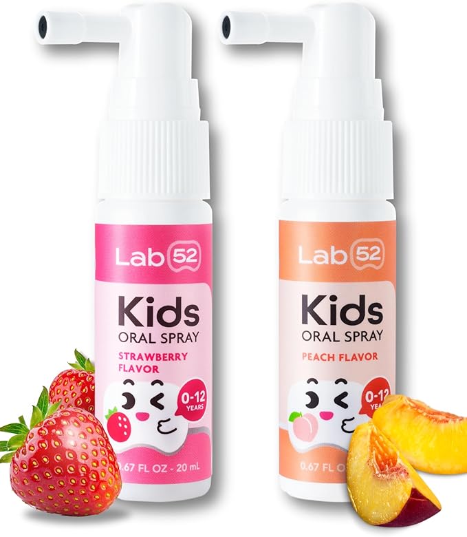LAB52 Kids Oral Spray, Toddler Toothpaste Helper for Daily Oral Care and Fresh Breath, Children Approved with Fluoride Free for Newborn to Preschoolers, Xylitol (Strawberry & Peach)