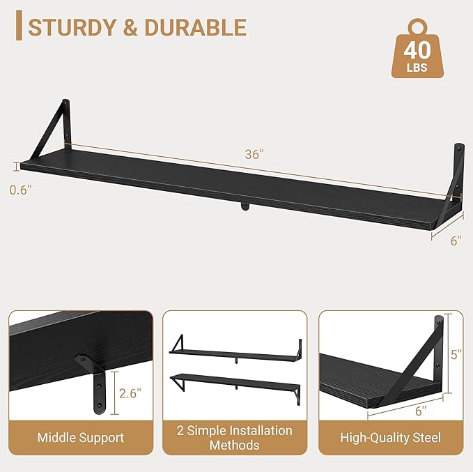 Heimlove Floating Shelves for Wall, 36 Inch Long Wood Floating Bookshelf Set of 3, Wall Mounted Hanging Shelf for Bathroom Bedroom Kitchen, Black