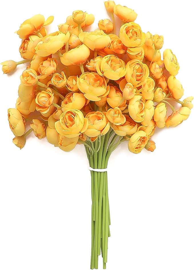 Floroom Ranunculus Artificial Flowers 18 Pcs Golden Yellow Faux Silk Mini Ranunculus Bulk Fake Wedding Filler Flowers for DIY Bouquets, Centerpieces, Bridal Shower Decorations & Arrangements