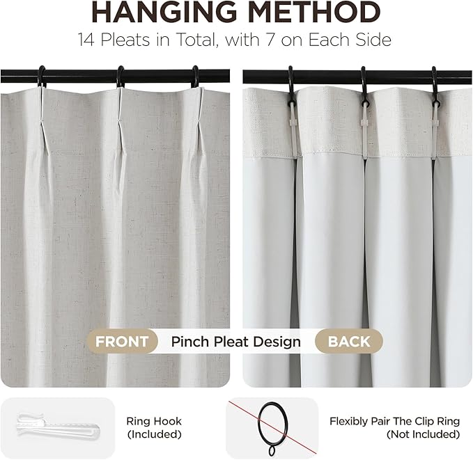 Joydeco Pinch Pleated Linen Curtains Darkening Drapes for Bedroom, 100% Blackout Drapes 96 inches Long 2 Panels Heat Blocking Curtains(Ivory,40'' Wx96'' L)