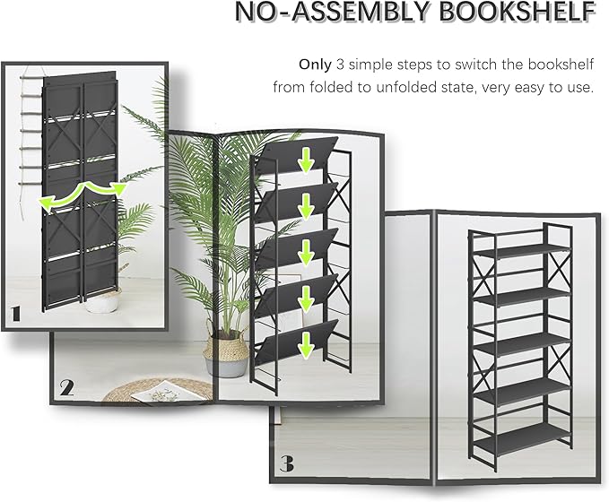 4NM 5 Tiers No Assembly Book Shelves, 51.2" H Folding Bookshelf Bookcase Open Industrial Foldable Shelves for Bedroom, Living Room, Home Office - All Black