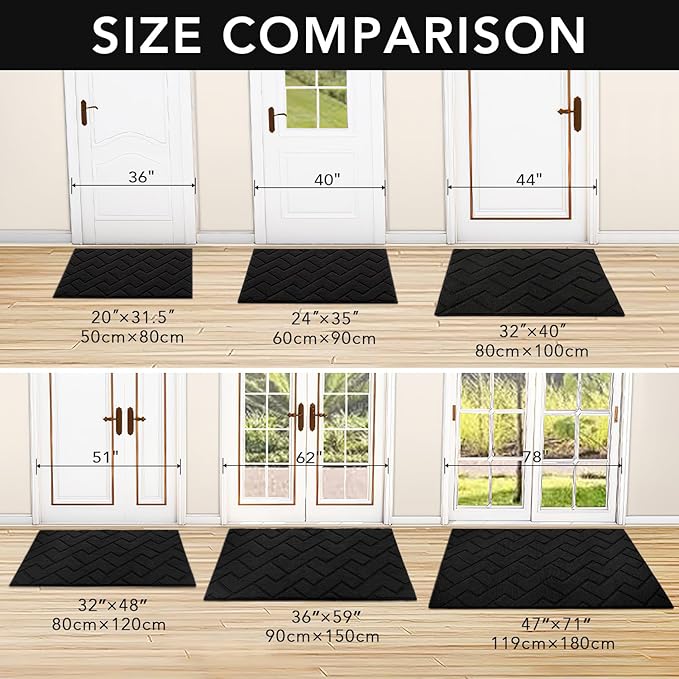 hicorfe Front Door Mat Outside Entrance,32"x40" Absorbent Muddy Dirt Resist Welcome Door Mats Outdoor Indoor,Stain and Fade Resistant,Non Slip Backing Entry Mat Doormat for Entryway(Black)