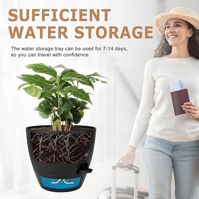 Plant Pots 12/10/9 Inch Self Watering Pots, Set of 3 Plastic Planters with Drainage Holes and Saucers,Plastic Flower Pots,Nursery Planting Pot for Indoor Out Door Plants(Pure Black)