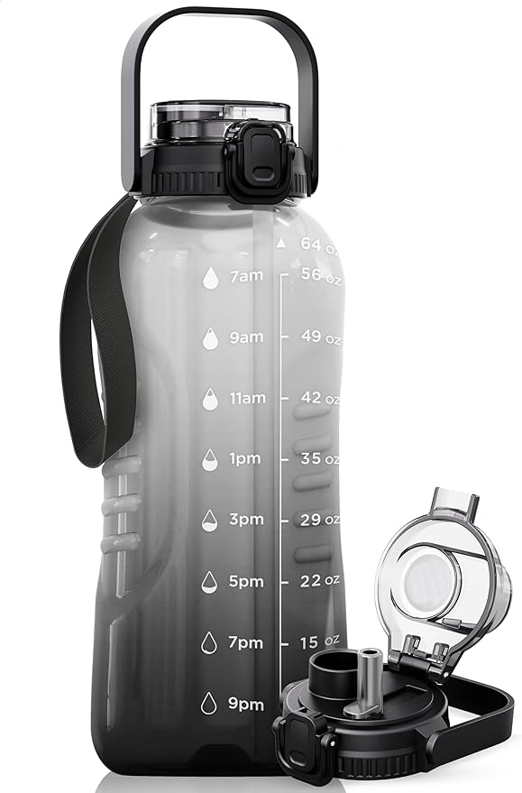 AQUAFIT 64 oz Water Bottle with Time Marker - 2in1 Straw & Chug Lid - BPA Free Big Water Bottle with Straw - Gym Water Bottle with Strap - Water Jug (64 Ounces, Midnight Gray)