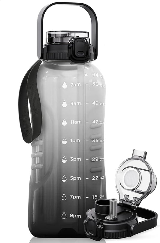 AQUAFIT 64 oz Water Bottle with Time Marker - 2in1 Straw & Chug Lid - BPA Free Big Water Bottle with Straw - Gym Water Bottle with Strap - Water Jug (64 Ounces, Midnight Gray)