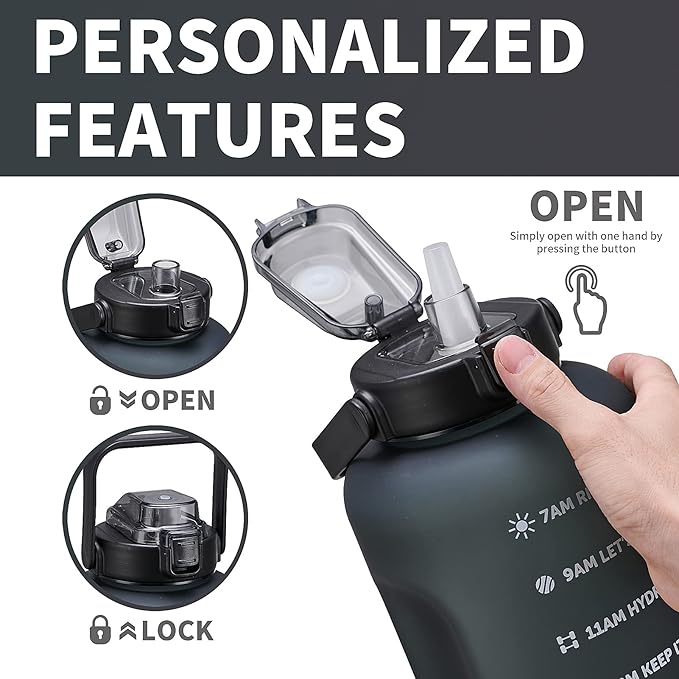 64oz,100oz,128oz Large Motivational Water Bottle with Time Marker, Leakproof & BPA Free Half Gallon Big Water Bottle with Straw Handle Tritan Frosted Water Jug for Gym,Fitness,Outdoor Sports