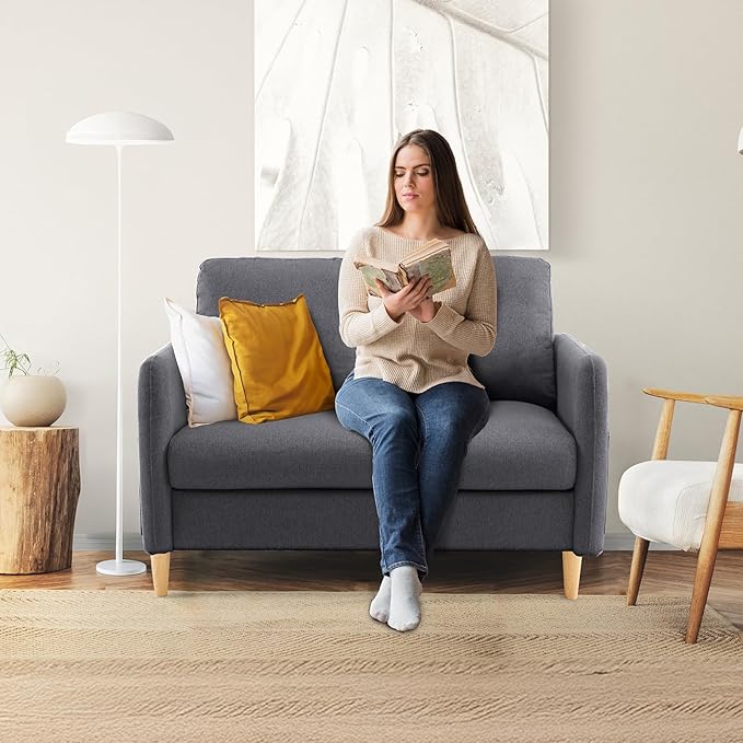 VINGLI 47" Small Couch, Dark Grey Linen Loveseat Sofa Mini Couch Mid Century Modern Decor Love Seat for Small Spaces Living Room, Bedroom, Play Room