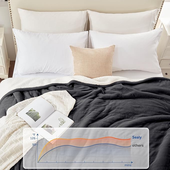 Sealy Electric Blanket Twin Size 62"*84",Super Cozy Flannel to Sherpa Reversible Heated Twin Blanket with 10 Heating Levels & 1-12 Hours Auto Off Overheating Protection Machine Washable, Charcoal