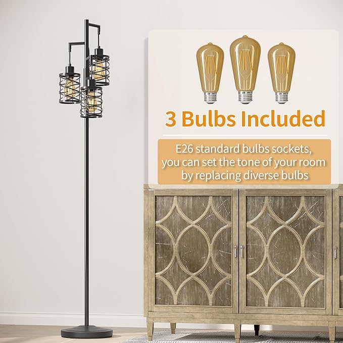 Oneach 70" Industrial Floor Lamp, Stepless Dimmable Standing Lamp with 3 Bulbs, Farmhouse Corner Standing Tree Lamp for Living Room, Tall Lamps for Bedroom, Office, Study Room, Dining Room, Black