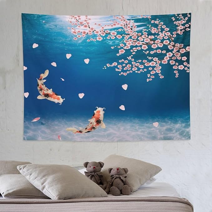 Japanese Koi Fish Tapestry, Cherry Blossoms Asian Oriental Blue Floral Branch Koi Fish Carp Tapestries Wall Hanging for Bedroom Living Room Office Decor 80"x60"