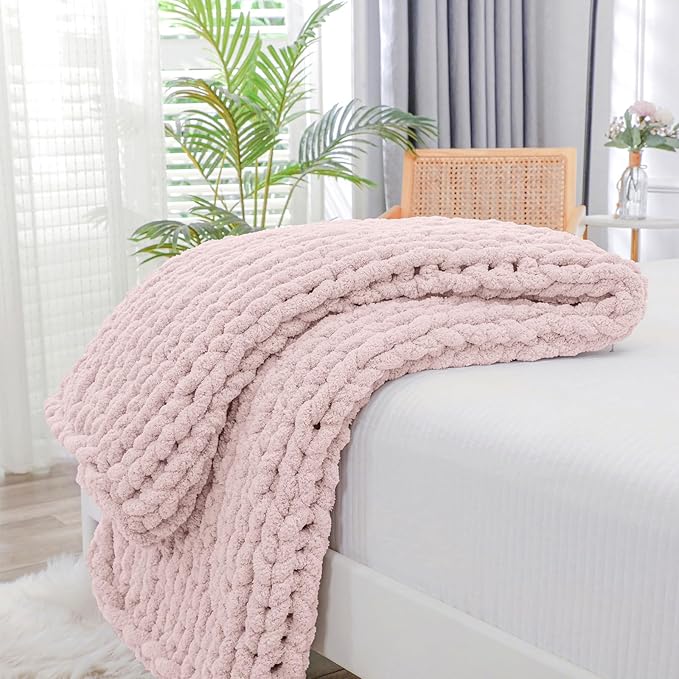 Bigacogo Chunky Knit Throw Blanket for Couch, 40x60 inches, 100% Hand Knitted with Thick Jumbo Chenille Yarn, Cozy Soft Large Rope Knot Cable Crochet Blankets for Sofa Bed Living Room, Rose Tan