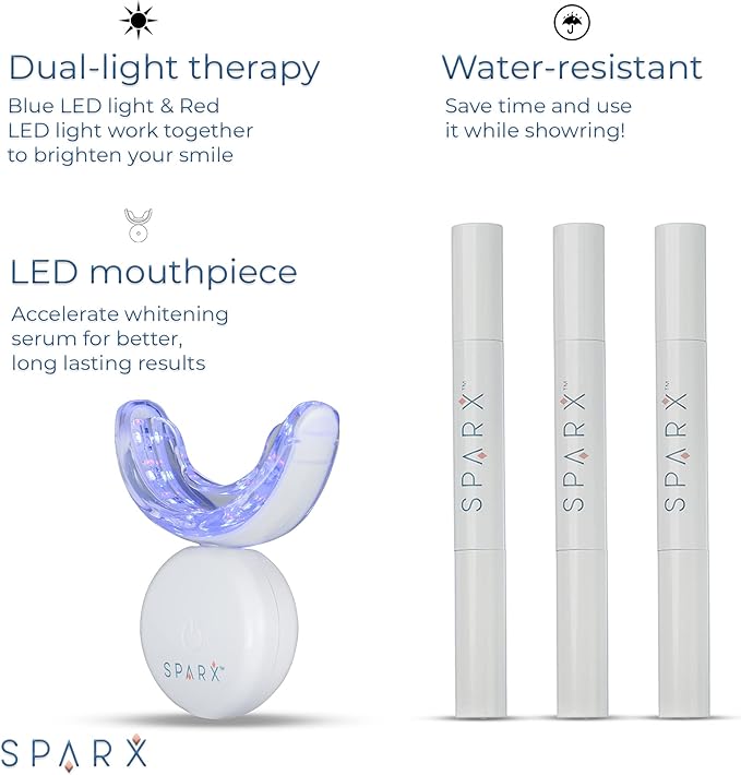 SPARX Wireless Teeth Whitening Kit with LED Light for Sensitive Teeth Remove Stains Like Coffee, Smoking, Wine. Whiten Smile for Long Lasting Results, Includes 3 Gel Syringes, 1 Dual LED Mouthpiece