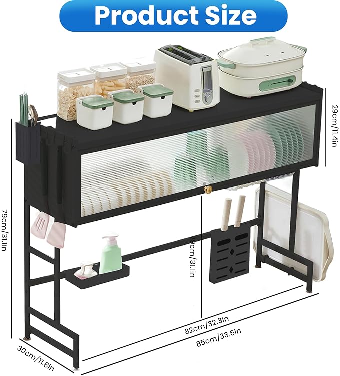 Dish Drying Rack, 3-Tier Over Sink Dish Drying Rack, 33.5" Over Sink Dish Rack for Small Kitchen, Space-Saving Dish Rack with Cover, Baskets, Utensil, Large Sink Storage Organizer Black